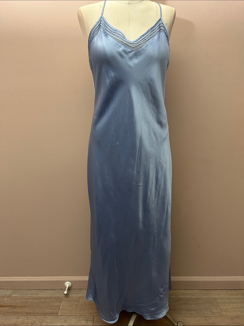 Vintage VS Y2K 100% Silk Slip Dress Baby Blue Silk Dress w sheer chest design